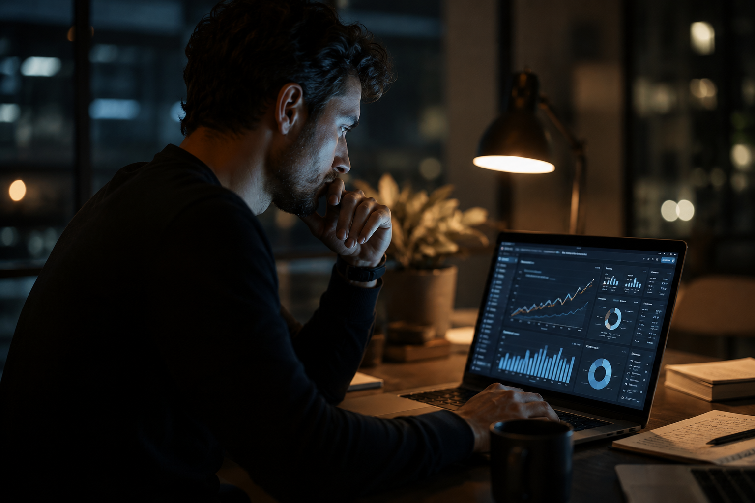 Strategist analyzing growth performance data late at night